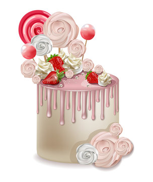 Happy Birthday pink cake Vector realistic. Lollipops and meringues on top. 3d detailed illustrations