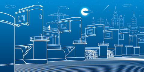 Hydro power plant. River Dam. Energy station. City infrastructure industrial illustration. White lines on blue background. Vector design art