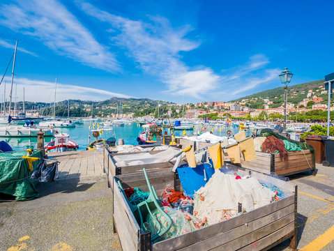 Fishing nets in the port of Lerici, Golfo dei Poeti, near the Cinque Terre, Liguria.