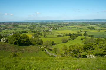 View over patchwork fields of The Severn Vale from Coaley Peak viewpoint near Nympsfield,...