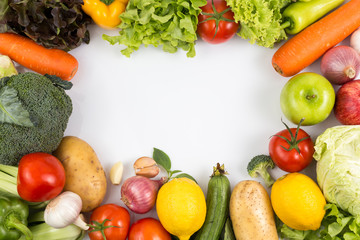 Top view of fruits and vegetables Isolated on a white background with copy space