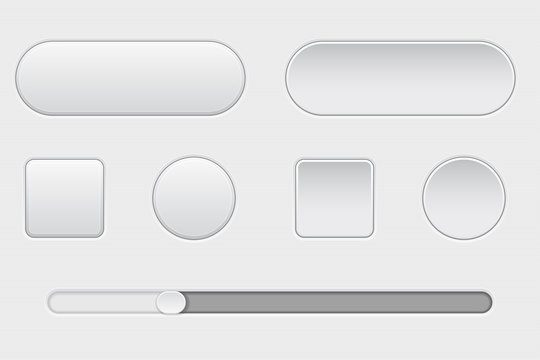 Set of white plastic buttons. Normal and pushed. With slider bar. Web interface buttons