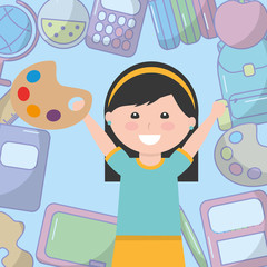 school little girl student with palette color supplies background vector illustration