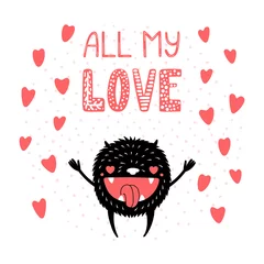 Sierkussen Hand drawn vector illustrations with a cute funny cartoon monster with heart shaped eyes, with text All my love. Isolated objects. Design concept for children, Valentines day. © Maria Skrigan