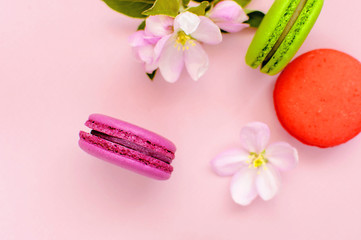 Cake macaron or macaroon with spring flowers on pink background top view flat lay, beautiful dessert, colorful almond cookies, pastel colors, vintage card