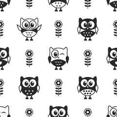 Seamless pattern with black and white owls