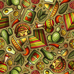 Fototapeta premium Cartoon hand-drawn latin american, mexican seamless pattern