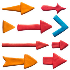 Clay putty, plasticine handmade dimensional arrow icons set. Putty design different shapes arrows...
