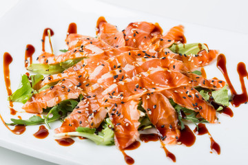 grilled seared salmon served with teriyaki sauce