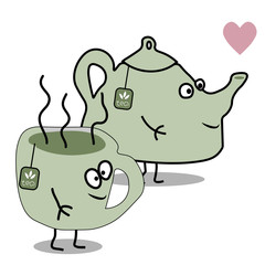 Cartoon flat vector teapot and cup of tea