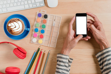 Man hands holding blank screen a smartphone