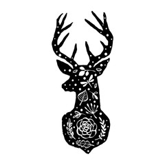 Silhouette of deer with flower pattern. Hand drawn design elements. Black and white vector illustration. Nursery scandinavian art.