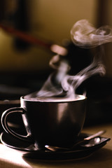 cup of coffee, steam,  hot coffee