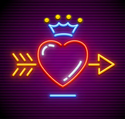 Love Heart stricken by gold arrow. Neon icon for sign with Royal