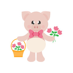 cartoon cute pig with tie and flowers and basket