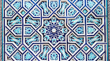 traditional uzbek ceramic colorful ornament on the wall of mosque