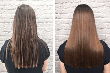 Sick, cut and healthy hair. Before and after treatment. - obrazy, fototapety, plakaty