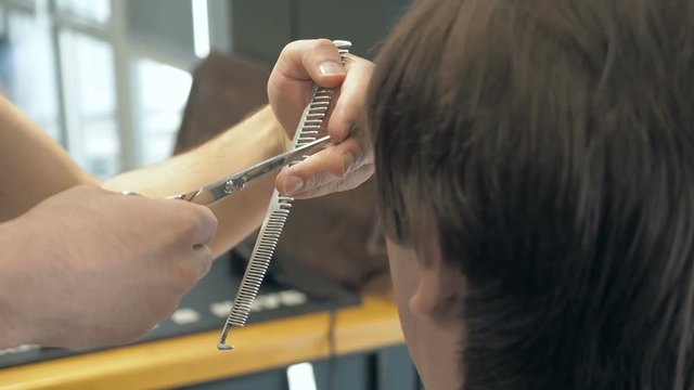 Hairdresser cuts a forelock to client in a salon. Man sitting in hairdressers armchair while shearing with scissors in barbershop.