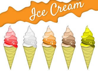 Ice cream cone icon set vector illustration in paper cut style