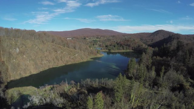 Aerial of hills and lakes at Plitvice Park