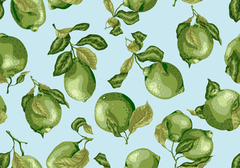 Seamless Pattern of limes amd lemon fruits. There are leaves and fruits on the branches