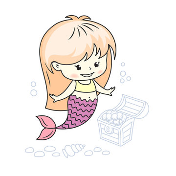 Cute little mermaid with a treasure chest and seashells