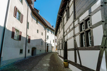 Fototapeta na wymiar typical truss house architecture from the middle ages in the idyllic Swiss village of Stein Am Rhein