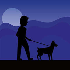 silhouette man walking with her dog at night background vector illustration