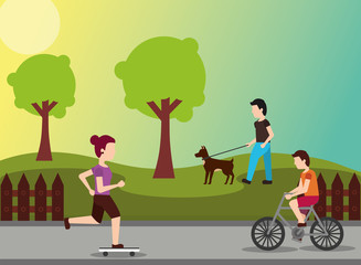 people sport activity woman riding skate man walk a dog and man riding bike in the park vector illustration