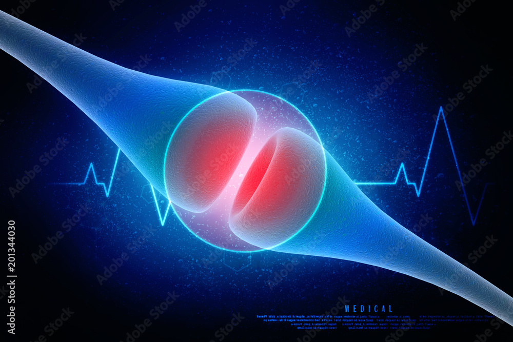 Poster synapse and neuron cells sending electrical chemical signals. 3d rendering