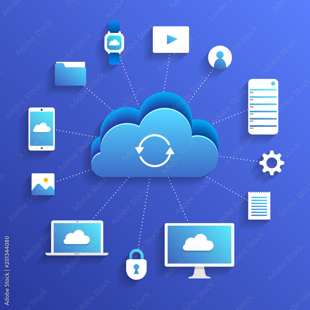 Poster flat design concept cloud computing technology users network configuration isometric. vector illustr