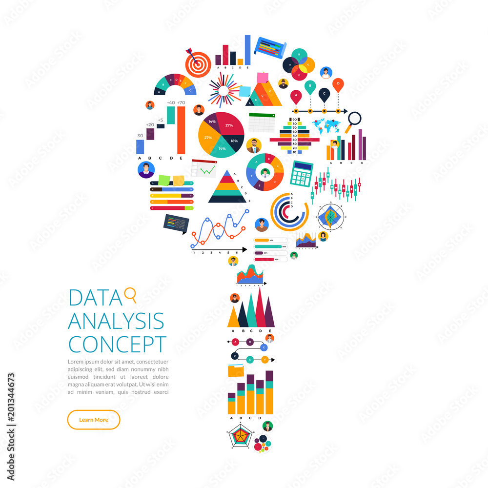 Poster flat design concept data analysis. visualize with graph and chart marketing growth. vector illustrat