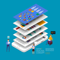 Flat design concept data analysis. Visualize with graph and chart marketing growth. Vector illustration.