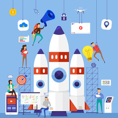 Flat design concept team working for building startup company with rocket. Vector illustrate.