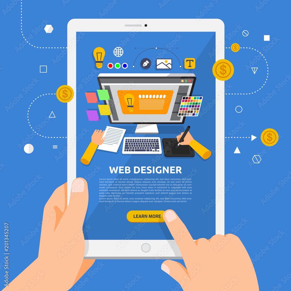 Poster flat design concept learnning about web design online with hand hold tablet. vector illustrate.