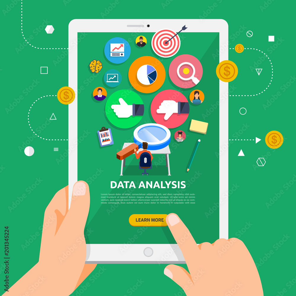Poster flat design concept learnning about data analysis online with hand hold tablet. vector illustrate.