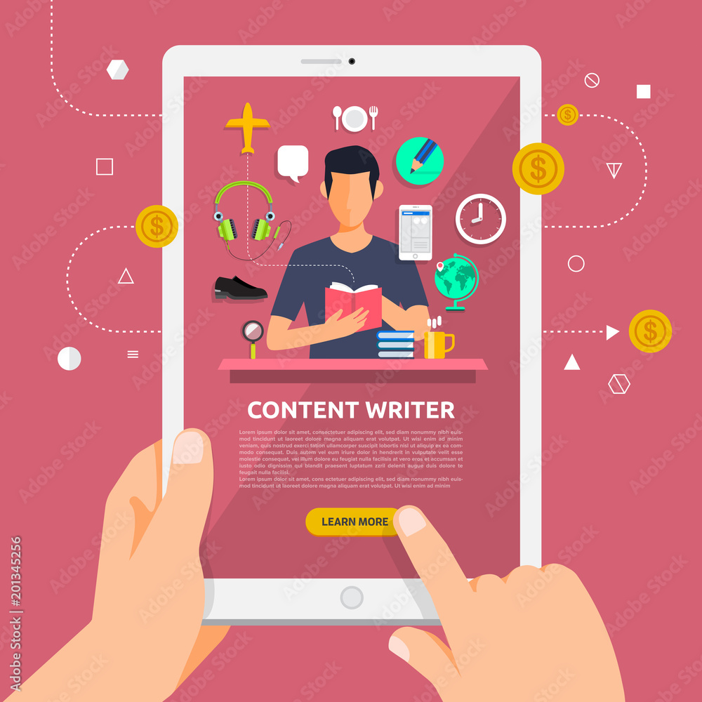 Poster flat design concept learnning about content writing online with hand hold tablet. vector illustrate.