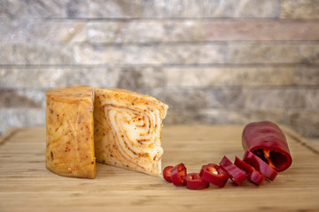 Table decoration of different flavors of cheese