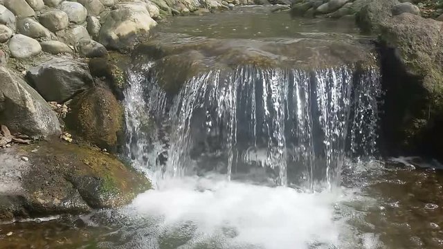 Forest stream running over rocks, beautiful waterfall