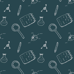 Funny seamless pattern in hand drawn style with cartoon school supplies and creative elements. Back to school vector blue background with pencil, magnifier, notebook, flask.