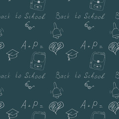 Funny seamless pattern in hand drawn style with cartoon school supplies and creative elements. Back to school vector blue background with inscriptions, bells, hats, bag pacs and glasses