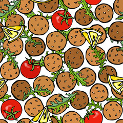 Falafel and Arugula Herb Leaves, Lemon, Tomato. Seamless Endless Background. Arabic Israel Vegetarian Healthy Fast Food. Jewish Street. Realistic Hand Drawn Illustration. Savoyar Doodle Style.