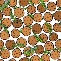 Falafel and Arugula Herb Leaves Seamless Endless Background. Middle Eastern Cuisine. Arabic Israel Vegetarian Healthy Fast Food. Jewish Street. Realistic Hand Drawn Illustration. Savoyar Doodle Style.
