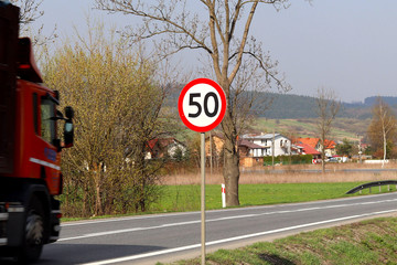 Limiting the speed of traffic to 50 km/h. Road sign on the highway. safety of traffic. 