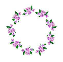 Fototapeta na wymiar Lilac small flowers.Wreath of watercolor flowers hand painted. Round frame for invitation ,wedding, birthday card, vector illustration isolated on white..