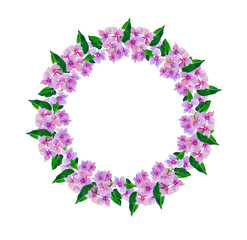 Lilac small flowers.Wreath of watercolor flowers hand painted. Round frame for invitation ,wedding, birthday card, vector illustration isolated on white..