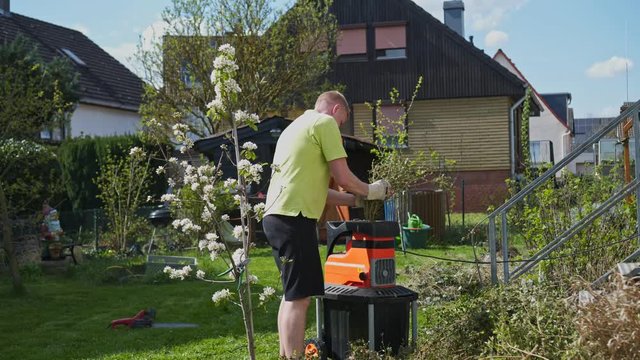A man in the garden is laying wooden branches in the machine for shredding.