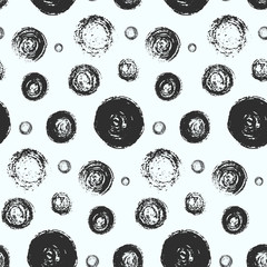 Monochrome grunge scratched circles seamless pattern. Fashion black and white scribbled round elements texture for textile, wrapping paper, background, surface, graphic design, wallpaper