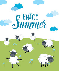 Summer vector card with clouds in the sky with  sheeps, flowers, field