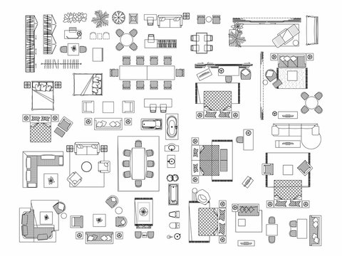 Top view of set furniture elements outline symbol for bedroom, kitchen, bathroom, dining room and living room. Interior icon bed, chair, table and sofa.